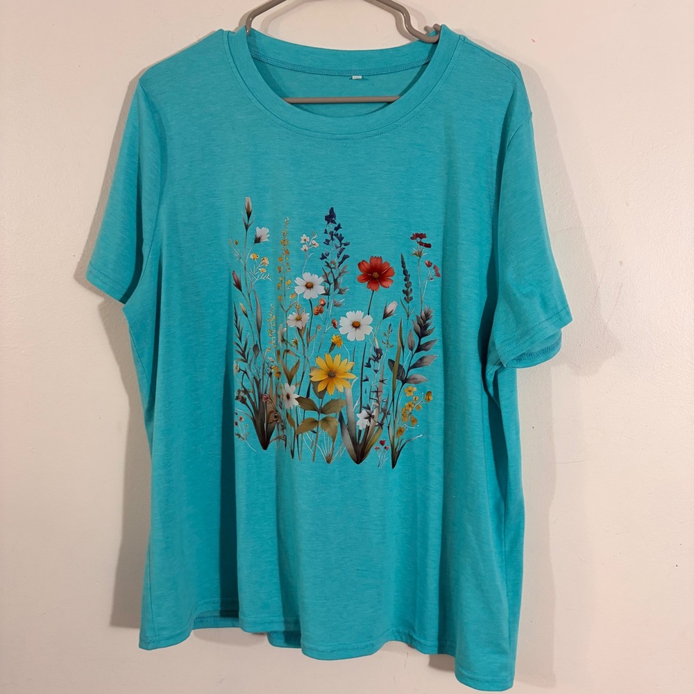 Unbranded Floral Graphic T-Shirt Women 1XL Turquoise Wildflower Boho